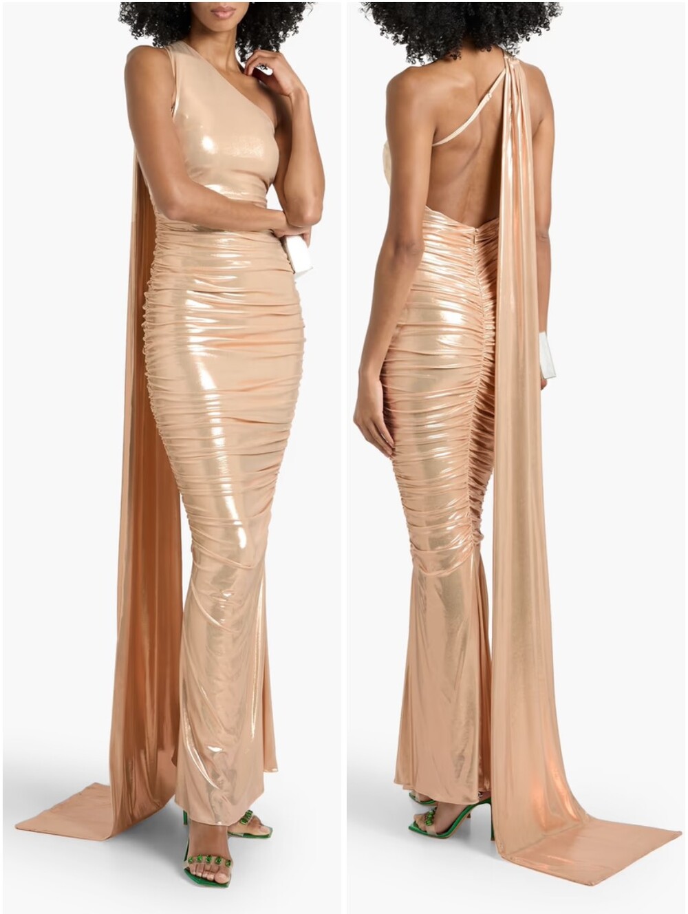 Retrofete Shannon One Shoulder Draped Lame Maxi Dress Latte Large - Picture 3 of 10